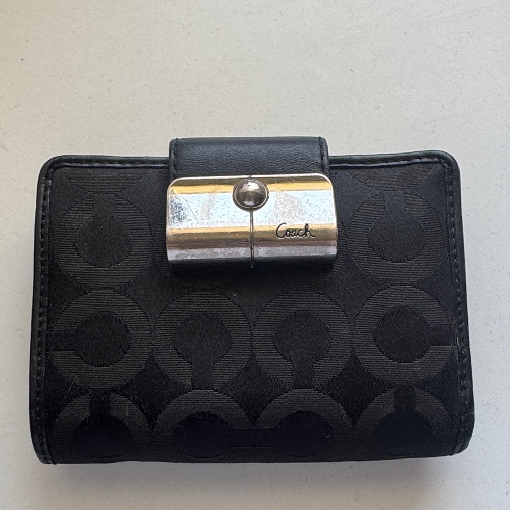 Coach Embossed Black Wallet with Silver Accent